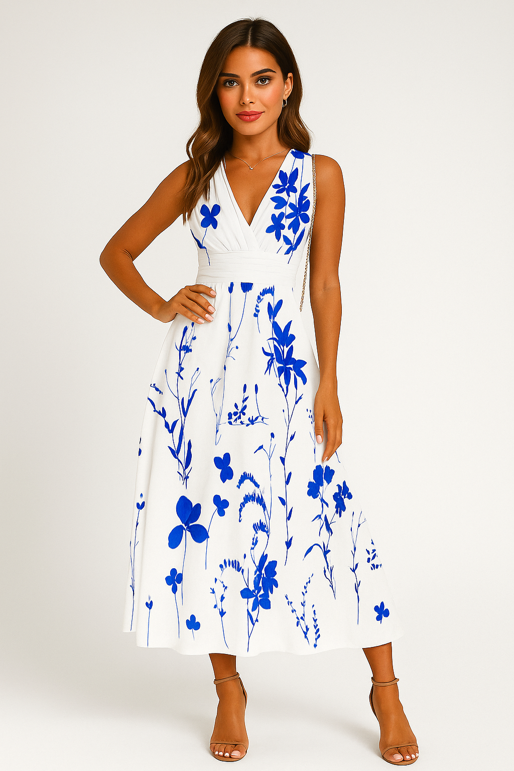 Damen Sommerkleid Floral V-Ausschnitt Polyester