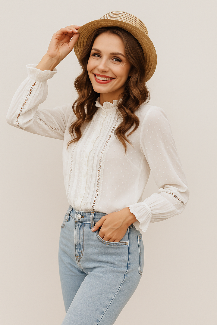 Damenbluse Polyester Weiß Elegante Spitze für Festliche Anlässe