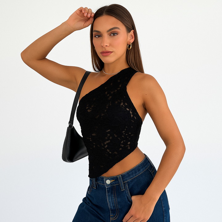 Damen Spitzentop Polyester mit Asymmetrischem Ausschnitt
