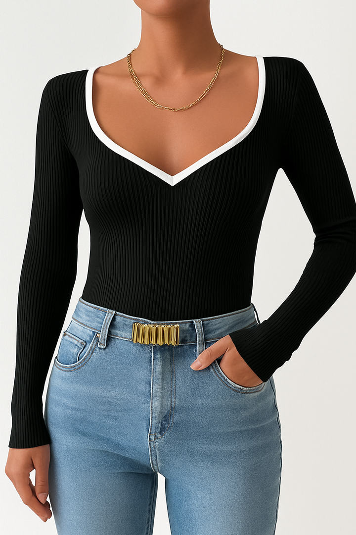 Damen Top Baumwolle Slim-Fit V-Ausschnitt Langarm