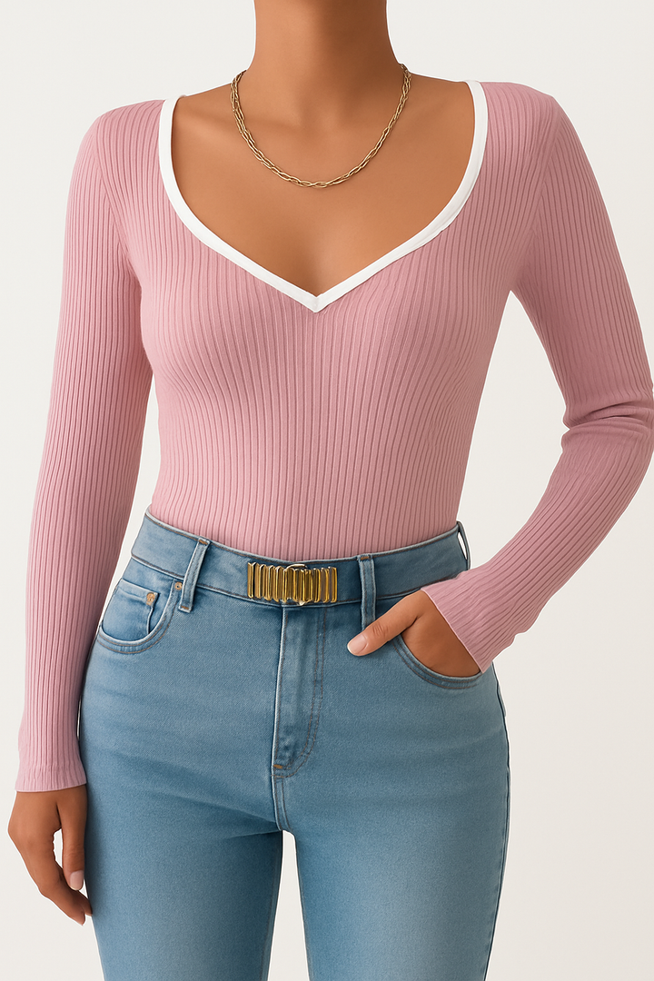 Damen Top Baumwolle Slim-Fit V-Ausschnitt Langarm