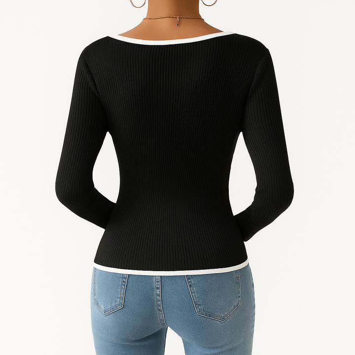 Damen Top Baumwolle Slim-Fit V-Ausschnitt Langarm