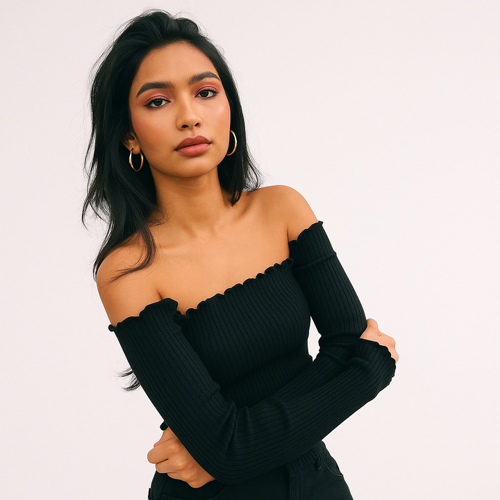 Damen Crop Top Baumwollmischung Schulterfrei Häkel